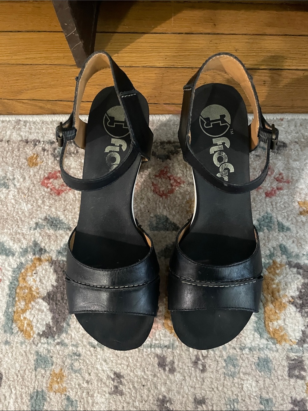 Florence Black Leather Ankle-Strap Heels Clog